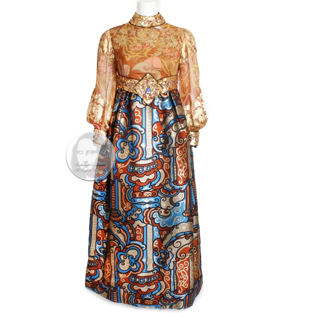 70s Burke Amey Evening Gown Floral Fantasy Silk Brocade Tapestry Vintage Rare